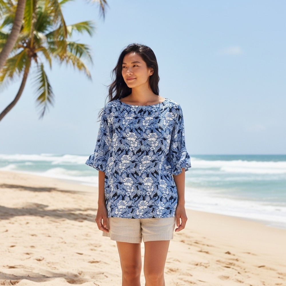 Loft Plus‎ Blue White Floral Ruffle Sleeve Blouse Top Size 26 466540
